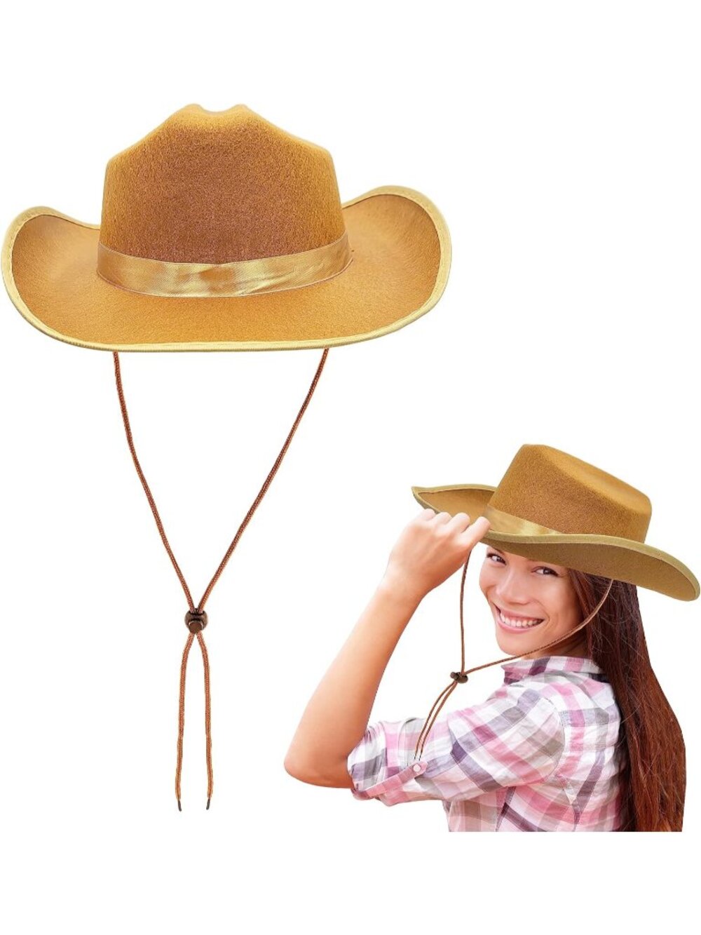 Kids Light Brown Fabric Felt Costume Strap Western Cowboy Hat 22 Circumference